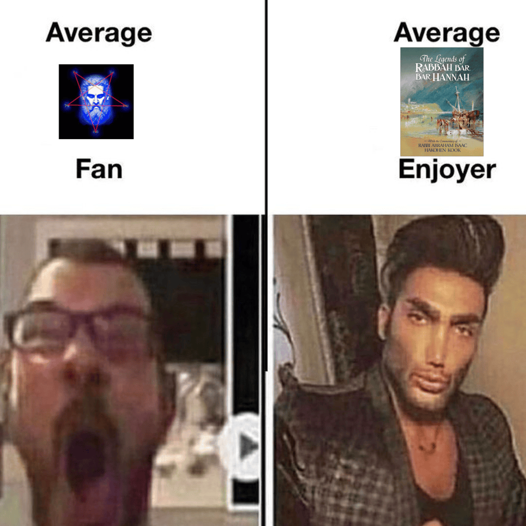 Image comparing two types of fans: an excited average fan with glasses on the left, and a stylish average enjoyer with a confident pose on the right.