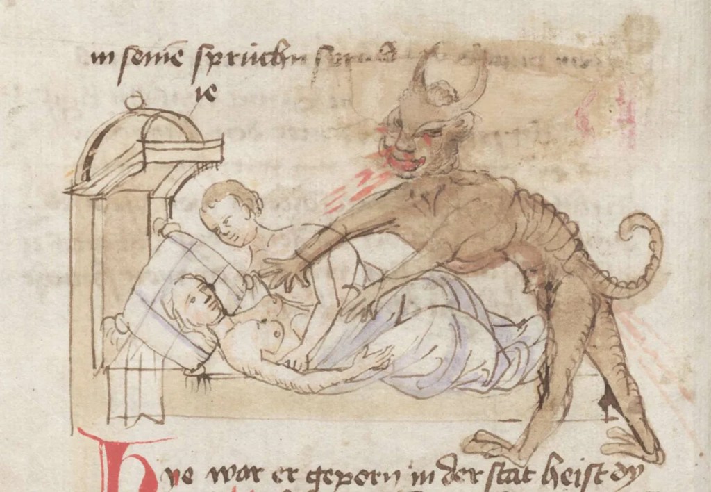 An illustration depicting a scene with two figures in bed, while a demonic character with horns and claws reaches towards them.